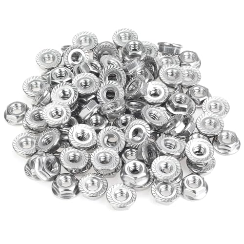 HELIFOUNER 100 Pieces 1/4”-20 Flange Nuts, Serrated Flange Hex Lock Nuts Assortment Kit, 304 Stainless Steel (18-8), Bright Finish, Coarse Thread - size: 1/4"-20 (100 Pieces)