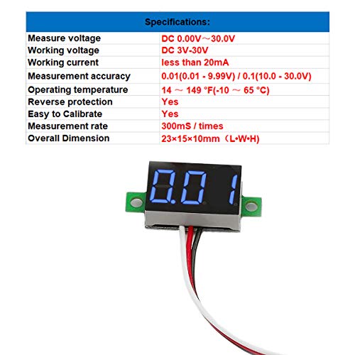 Pack of 5 DC 0-30V Digital Voltmeter, 3-Wire Voltage Gauge, Blue LED