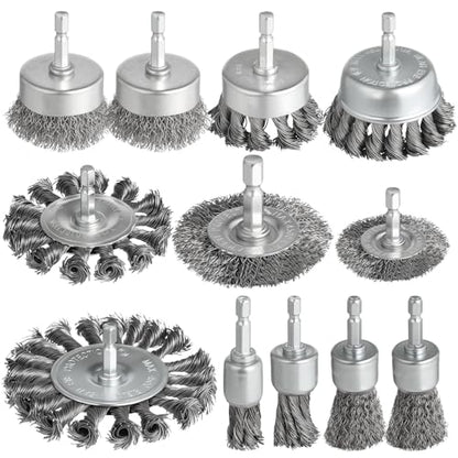 12Pcs Drill Wire Brush Attachments Set, Heavy Duty Wire Brush Wheel Drill - style: 12pcs(Twisted & Carbon Steel Wire)