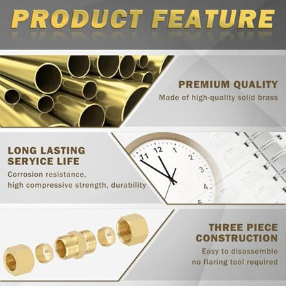 5/16" OD x 5/16" OD Brass Compression Union Fitting, 10 Pack Straight Tube Coupling Adapter with 10 Compression Ferrules for Ice Maker Water Plumbing - size: 10Pcs-5/16" Union