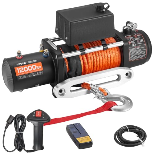 VEVOR Electric Winch, 12000 lbs Load Capacity, 12V DC Truck Winch with Φ0.36 in x 75.5 ft Synthetic Rope, Wireless & Wired Remote Control, IP55 Waterproof for Towing Off-Road SUV Jeep Trailer
