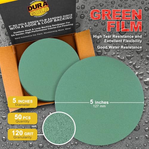 Dura-Gold 5" Green Film Sanding Discs, 120 Grit, Box of 50, Hook & Loop - size: 120-Grit