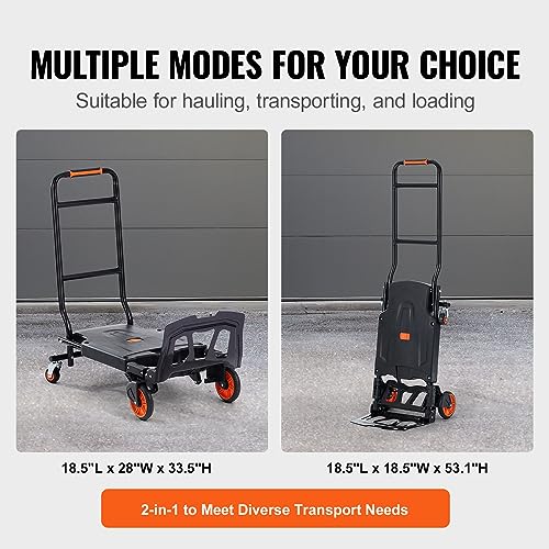 VEVOR Aluminum Folding Hand Truck, 2 in 1 Design 300 Lbs Capacity, Heavy Duty Industrial Collapsible cart, Dolly Cart with Rubber Wheels for Transport and Moving in Warehouse, Supermarket, Garden - size: 300 lbs