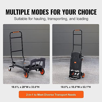 VEVOR Aluminum Folding Hand Truck, 2 in 1 Design 300 Lbs Capacity, Heavy Duty Industrial Collapsible cart, Dolly Cart with Rubber Wheels for Transport and Moving in Warehouse, Supermarket, Garden - size: 300 lbs