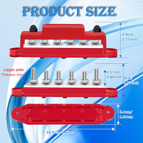 250A Bus Bar 12V Marine 1/4" Power Distribution Block Automotive Busbar Terminal Block,Battery Buss Bar (Pair, Red & Black) 6 x 1/4" Post Terminals - size: 250A 6x1/4"