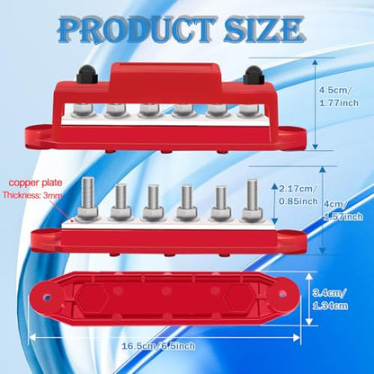 250A Bus Bar 12V Marine 1/4" Power Distribution Block Automotive Busbar Terminal Block,Battery Buss Bar (Pair, Red & Black) 6 x 1/4" Post Terminals - size: 250A 6x1/4"