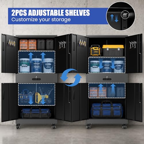71'' Garage Storage Cabinet with Wheels,4 Locking Doors and 1 Drawer,Metal - color: Black, style: 71"H 2 doors 1 drawer with wheels