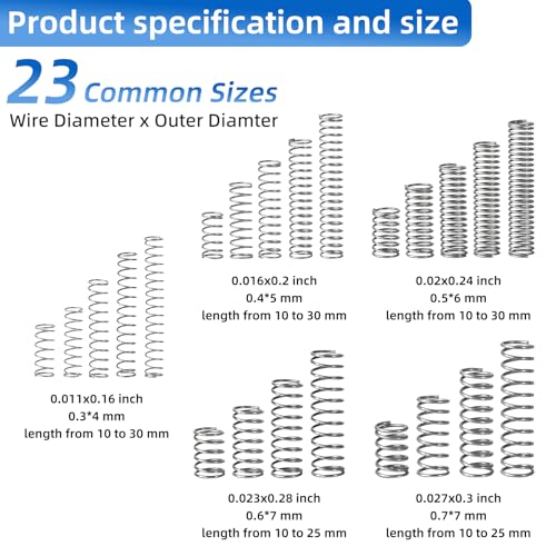 380PCS Stainless Steel Compression Springs Assortment Kit - Small & Tiny Springs with 23 Different Sizes, Metal Compression Springs for Pen Repair, Home DIY, Workshop & Industrial Use