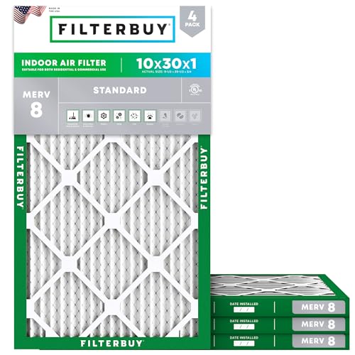 Filterbuy 10x30x1 Air Filter MERV 8 Dust & Allergy Defense (4-Pack) - size: 10x30x1