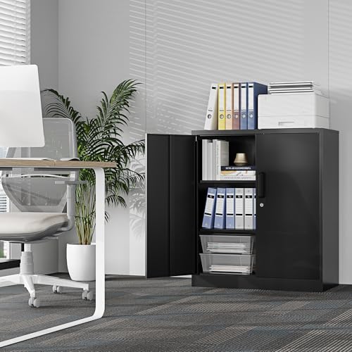 36" H Metal Storage Cabinet, Black Metal Cabinet with 2 Lockable Doors and 2 Adjustable Shelves, Garage Storage Cabinet for Home Office, Garage, School, Apartment, Warehouse - color: Black, size: 35.4"H x 31.5"W x 15.7"D - B