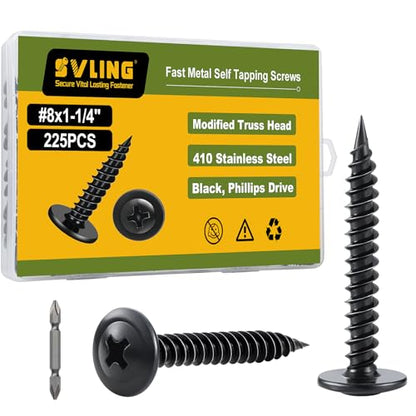 #8×1-1/4" Wood Screws Phillips Modified Truss Head Quick Metal,225Pcs Self Tapping Screws Stainless Steel 410,Black Zinc Plated with Driver Bit - color: Black Self Tapping, size: 8x1-1/4"