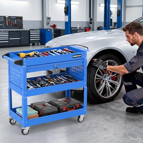 Goplus 3 Tier Rolling Tool Cart with Lockable Drawer, Heavy Duty Metal Utility Cart on Wheels with Pegboards & Hooks, Mechanic Tool Storage Organizer for Garage, Warehouse & Workshop (Blue) - color: Blue