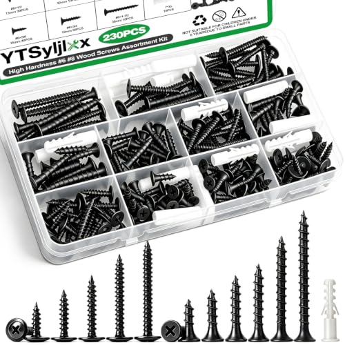 230PCS #6#8 Black Wood Screws Assortment Kit,Black Drywall Screws for Wood,Flat Head & Phillips Truss Head Self Tapping Screws for Wood,Sheetrock - color: Black-230PCS
