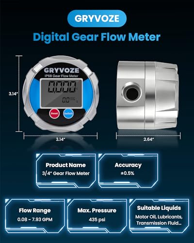 3/4 Inch NPT Gear Flow Meter, 0.08–7.93 GPM Digital Oil Low Flowmeter, ±0.5% Accuracy, for Low-Flow High-Viscosity Liquids, Compatible with Motor Oil, Lubricants, Antifreeze & Hydraulic Fluids - style: 3/4 inch