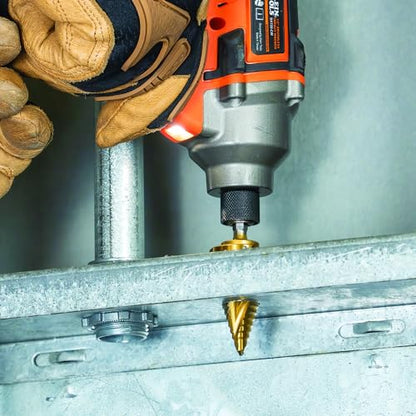 Klein Tools 25960 Step Drill Bit, 7/8 to 1-3/8-Inch, Spiral Double-Fluted, Cut Thin Metal, Plastic, Aluminum, Wood, 1/4-Inch Hex Shank, VACO