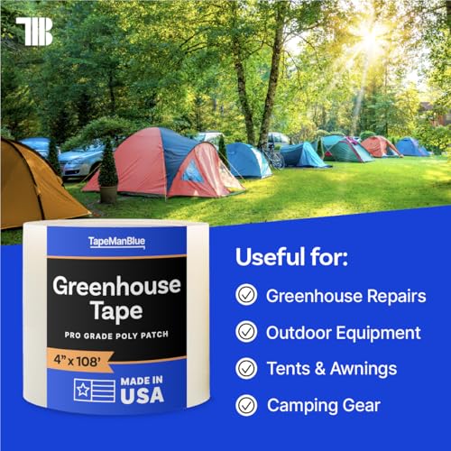 4" x 108' Roll of Greenhouse Repair Tape, Made in USA, Heavy Duty Clear Poly Patch Tape for Repairing Greenhouses and Plastic Sheeting, UV Resistant Polyethylene Film for Seaming & Splicing