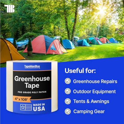 4" x 108' Roll of Greenhouse Repair Tape, Made in USA, Heavy Duty Clear Poly Patch Tape for Repairing Greenhouses and Plastic Sheeting, UV Resistant Polyethylene Film for Seaming & Splicing