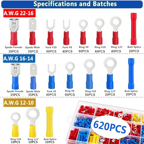 Tnisesm 620Pcs Insulated Wire Crimp Connectors Assortment Kit, Fork Ring Spade Butt Quick Disconnect Terminals Lugs Set, Male/Female Wire Cable Connectors - color: 620PCS, size: Crimp style