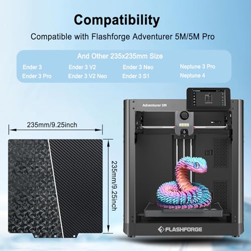 PEO+PET Build Plate for Adventurer AD5X/5M/5M Pro, Smooth Diamond+Carbon Fiber Spring Steel Flexible Platform for Neptune 3 Pro/4, Kobra, Ender 3/3 Pro/3S1/3 v2, CR 20/CR 20 Pro, Ender 5/5 Pro - size: 235x235mm