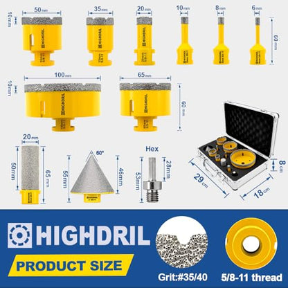 HIGHDRIL 5/8-11 Diamond Hole Saw Kit for Tile Marble Brick,1/4"-4"(6-100mm) - size: Thread Set 10
