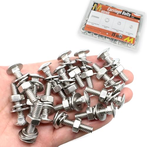 15 Sets 1/4"-20 x1-1/4 Carriage Bolts Round Head Square Neck Screws with Hex Nuts Flat Washers Spring Lock Washers 304 Stainless Steel Full Thread Coverage Square Neck Bolts Assortment Kit - size: 1/4"-20 x1-1/4"-15 Sets