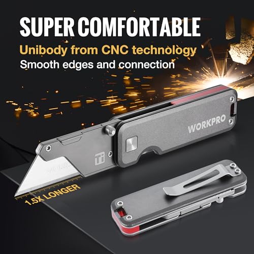 WORKPRO Premium Titanium Utility Knife, CNC Unibody, Lightweight Aluminium Handle Folding Box Cutter, Quick Change Blade Razor Knife,Ideal Gifts for Men Women, with 10 Extra Blades - color: Gray