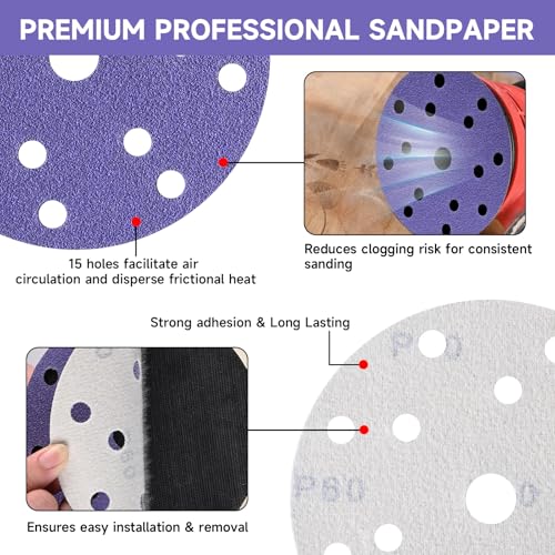 45Pcs 6 Inch Sanding Discs 60 Grit, Hook and Loop Orbital Sandpaper - style: 60Grit-45Pcs