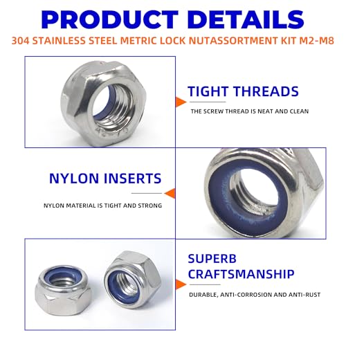 200pcs 304 Stainless Steel Nylon Insert Lock Nut Assortment Kit M2-M8