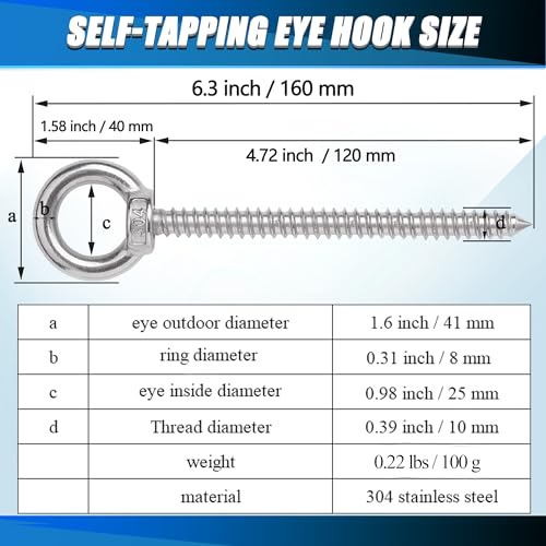 OHIYO 6.3 Inch Heavy Duty Eye Hooks M10 Self Tapping Eyelet Screw Load Capacity 850LBS Heavy Duty Screw in Eye Hooks for Hammock Stand, Swing Chair, Yoga, Heavy Indoor & Outdoor Uses (4Pack- M10) - color: Silver - Eye Hook
