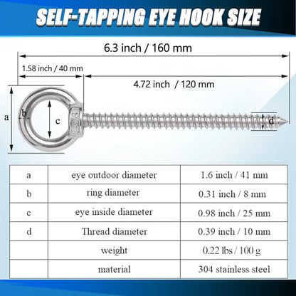 OHIYO 6.3 Inch Heavy Duty Eye Hooks M10 Self Tapping Eyelet Screw Load Capacity 850LBS Heavy Duty Screw in Eye Hooks for Hammock Stand, Swing Chair, Yoga, Heavy Indoor & Outdoor Uses (4Pack- M10) - color: Silver - Eye Hook