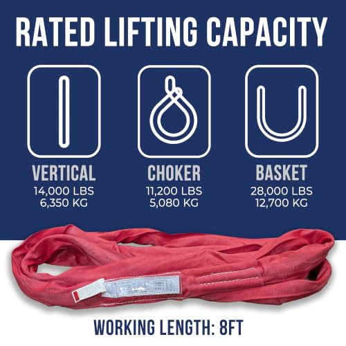 Ben-Mor Heavy-Duty Round Lifting Sling, 8 ft 14,000 lb - color: Red - 14,000 lb Vertical WLL, size: 8 feet
