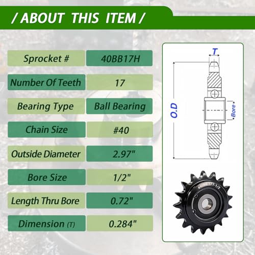 #40 Idler Sprocket 17 Tooth 1/2" Bore with 6201 Bearing Black Oxide Chain Tensioner for Mini Bike Go-Kart Light Duty Conveyor, Hardened Steel - size: 17tooth, style: 1/2‘’bore size