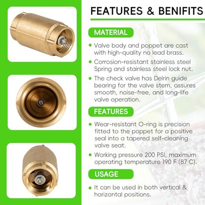 1" No-Lead Brass Check Valve For Well Pump with Backflow Preventer, 1" FNPT - size: 1.73 x 3.07 x 1.73 inches
