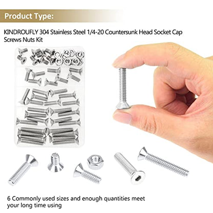 52 Pieces 1/4-20 x 1/2", 3/4", 1", 1-1/4", 1-1/2", Countersunk Head Socket Cap Screws Nuts Assortment Kit, 304 Stainless Steel, Fully Machine Thread - size: 1/4"-20, style: Countersunk Head