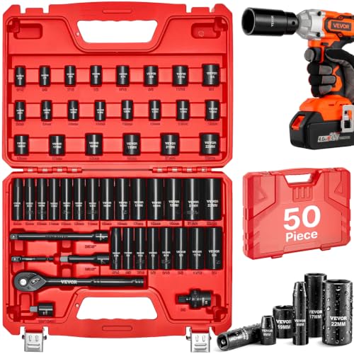 VEVOR 3/8" Drive Impact Socket Set, 50-Piece, Deep & Shallow Kit - size: 3/8" 50PCS