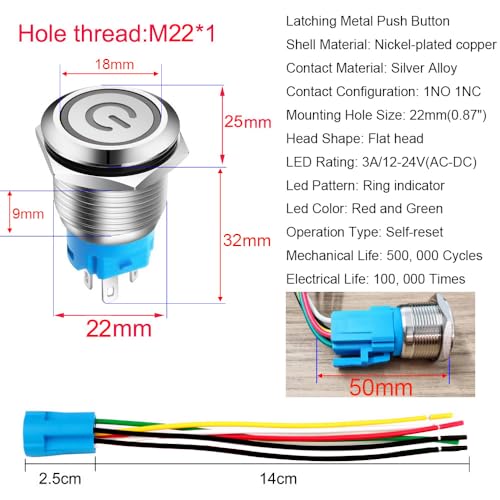 Gebildet 22mm Latching Push Button with Wire Socket 3A-12-24V(AC/DC) 1NO 1NC SPDT On Off Metal Waterproof IP65 Self Lock (Red&Green LED) - color: Red/Green 12-24V