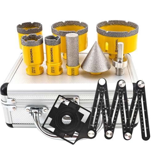 HIGHDRIL Multi Angle Measuring Ruler 5-Hole Drill Locator & Diamond Drill Bit Kit 5/8-11 for Porcelain Tile Ceramic Marble Brick Hole Saw(25/35/45/65/75mm+20mm Finger Bits+50mm Beveling Chamfer Bit) - size: Thread Set4