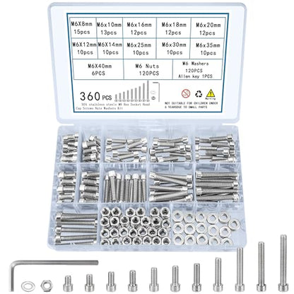 360 Pcs M6 Screws and Nuts, Hex Socket Head Cap Screws Nuts and Bolts Washers Kit, Stainless Steel Bolts and Nuts Kit, Metric Assorted Machine Screws Assortment Kit, Fully Threaded Bolt and - size: M6