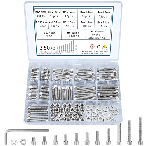 360 Pcs M6 Screws and Nuts, Hex Socket Head Cap Screws Nuts and Bolts Washers Kit, Stainless Steel Bolts and Nuts Kit, Metric Assorted Machine Screws Assortment Kit, Fully Threaded Bolt and - size: M6