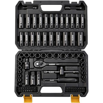 ELEAD 96-Piece 3/8" Drive Impact Socket Set, SAE(5/16 to 3/4-Inch) & Metric(8-22mm), Standard & Deep Sockets, Ratchet Handle, Bit Set, Universal Joint, Extension Bar, Adapters, Spark Plug Sockets - color: 96pcs 3/8'' Drive Impact Socket Set Black