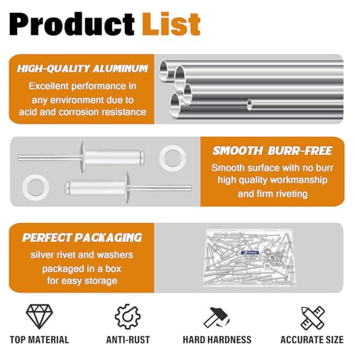 60pcs 1/4" x 1" Silver Aluminum Pop Rivets with Stainless Steel Washers 6.4 x 25mm Blind Rivet Assortment Kit - size: 1/4*1