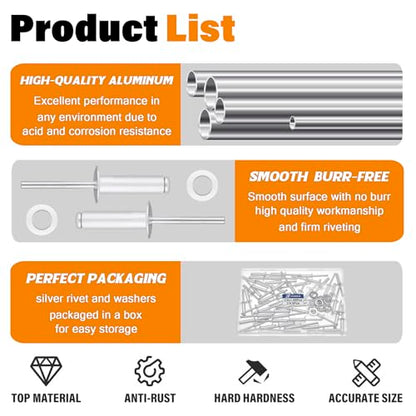 60pcs 1/4" x 1" Silver Aluminum Pop Rivets with Stainless Steel Washers 6.4 x 25mm Blind Rivet Assortment Kit - size: 1/4*1