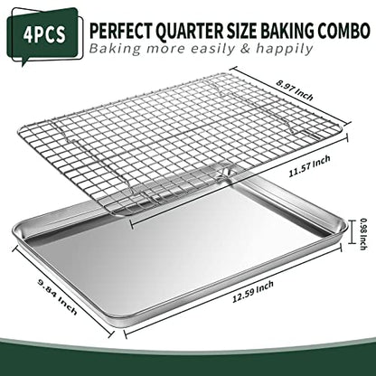 Quarter Sheet Pan with Cooling Rack Set [2 Baking Sheets + 2 Baking Racks], CEKEE Stainless Steel Cookie Sheets for Baking and Wire Rack - Rust & Warp Resistant & Nonstick, Size 12 x 9.8 x 1 Inch - size: 12*10*1Inch