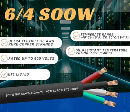 6 Gauge 4 Conductor 6/4 AWG Black SOOW Portable Power Cable Wire (40 Feet) - style: 40 Feet