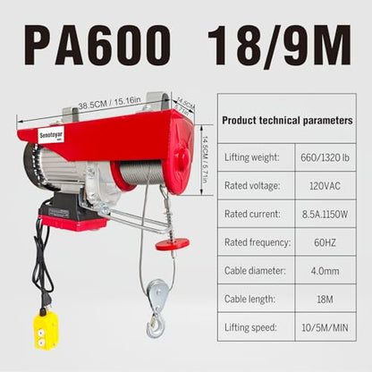 Electric Hoist 2 in 1,1320lbs Electric Hoist Winch with 98ft Wireless Control&Wired Remote Control,110v Electric Hoist 59ft/29.5ft Lifting Height for Garage Warehouse Factory,Single/Double Slings - color: 1320lbs 2 in 1 Electric Hoist