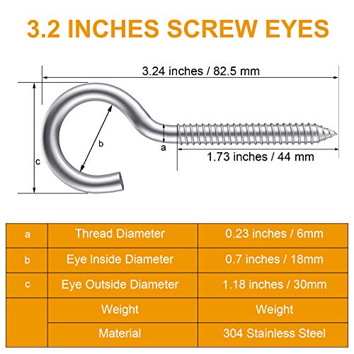 12-Pack 304 Stainless Steel Screw Eyes, Heavy Duty Eye Hooks for Hammock Stand, Yoga & Brazilian Hammocks, Swing Chair, Indoor & Outdoor, Self Tapping Screws, 3.2 Inches - size: 12 Pack