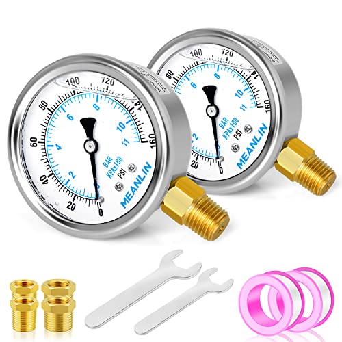 MEANLIN MEASURE 0~160Psi Stainless Steel 1/4" NPT 2.5" FACE DIAL Liquid Filled Pressure Gauge WOG Water Oil Air Lower Mount (Pack of 2), with 1/2" NPT and 3/8" NPT Hex Bushing - size: 0-160Psi (2Pcs)