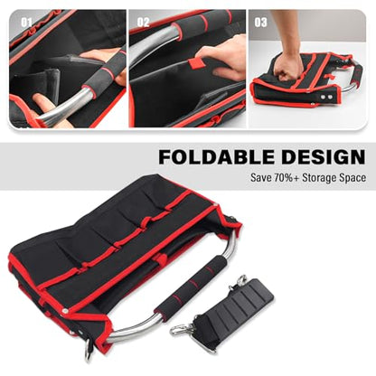 HAUTMEC 16" Foldable Tool Tote Bag, Open Top Tool Bag with Stiff Frame, 16-Pockets Electrician Tool Bag with Padded Steel Handle, Shoulder Strap & Water-Resistant Hard Base – TB0002 - size: 16-Inch, style: Foldable
