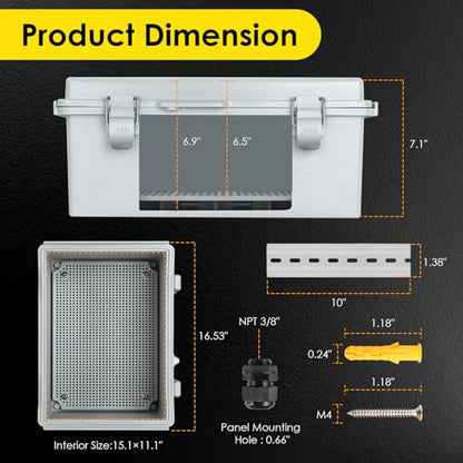IP67 ABS Outdoor Electrical Junction Box Waterproof with Aluminum DIN Rail - color: Grey, size: 16.1''×12.2''×7.1''