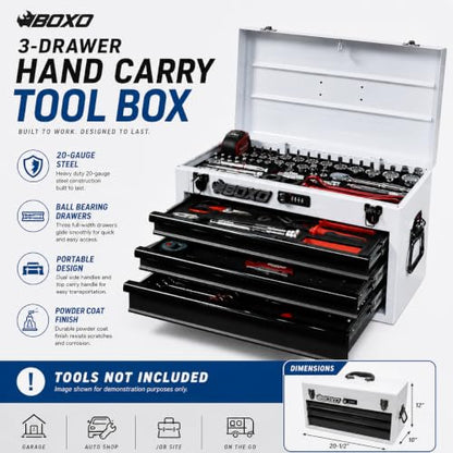 Boxo USA Hand Carry Tool Box 3-Drawer Heavy Duty Steel Toolbox with Lock System (White) - color: White